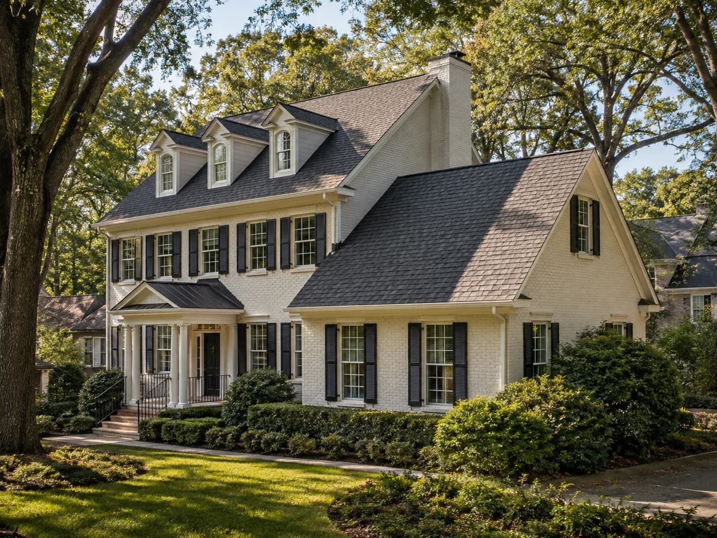 A well-kept home with a clean roof in a leafy Georgia-style neighborhood.